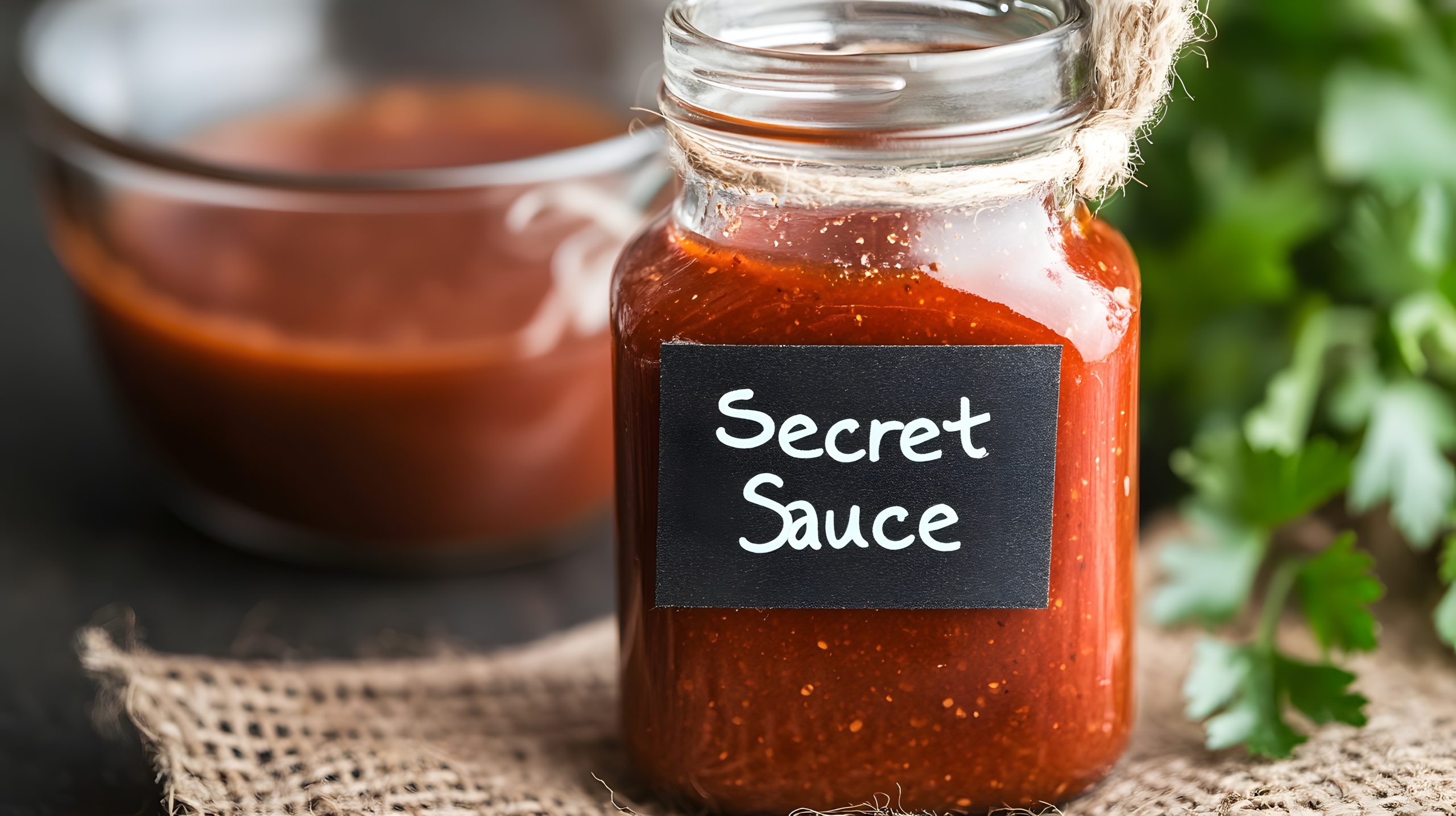 A jar labeled %22Secret Sauce%22 on burlap, next to a bowl of sauce and fresh herbs, suggesting a homemade condiment.