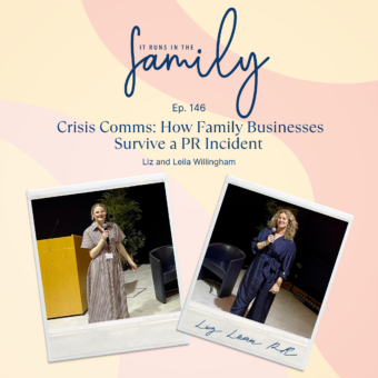Liz and Leila at a family business event discussing PR and Crisis Comms with microphones